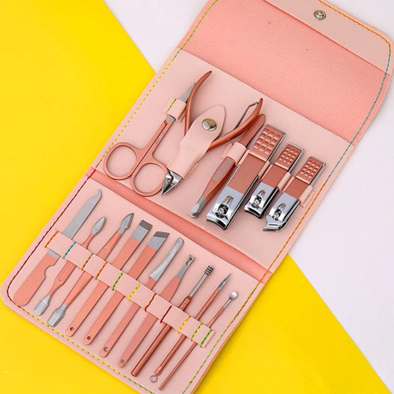 Kit Manicure e Pedicure 16 Peças com Bolsa Dobrável – Aço Inoxidável
