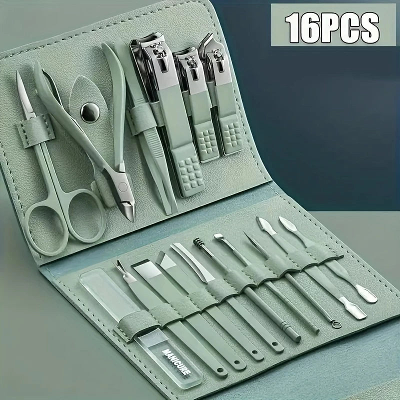 Kit Manicure e Pedicure 16 Peças com Bolsa Dobrável – Aço Inoxidável