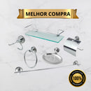 Kit Acessórios Para Banheiro 6 Peças – Aço Inox Cromado com Porta Shampoo em Vidro