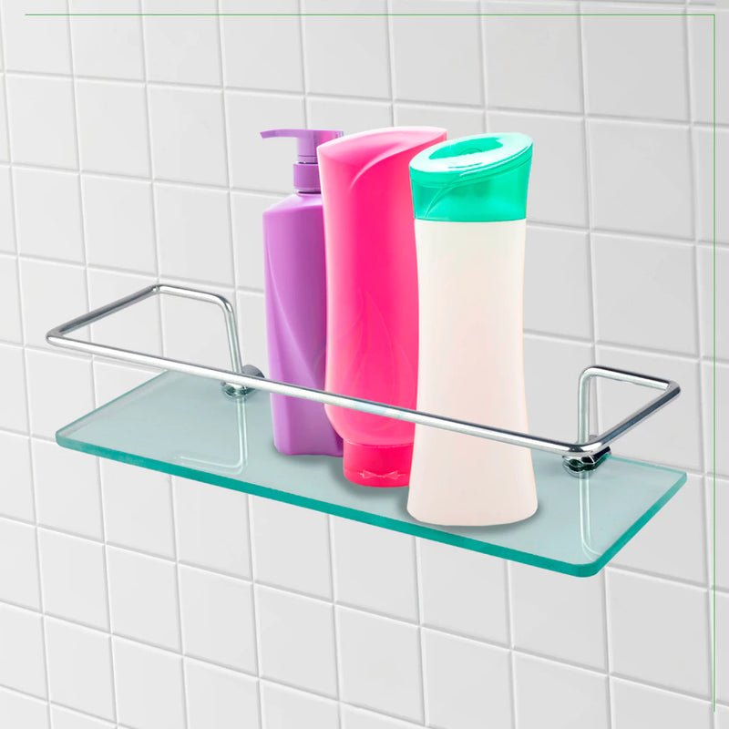 Kit Acessórios Para Banheiro 6 Peças – Aço Inox Cromado com Porta Shampoo em Vidro