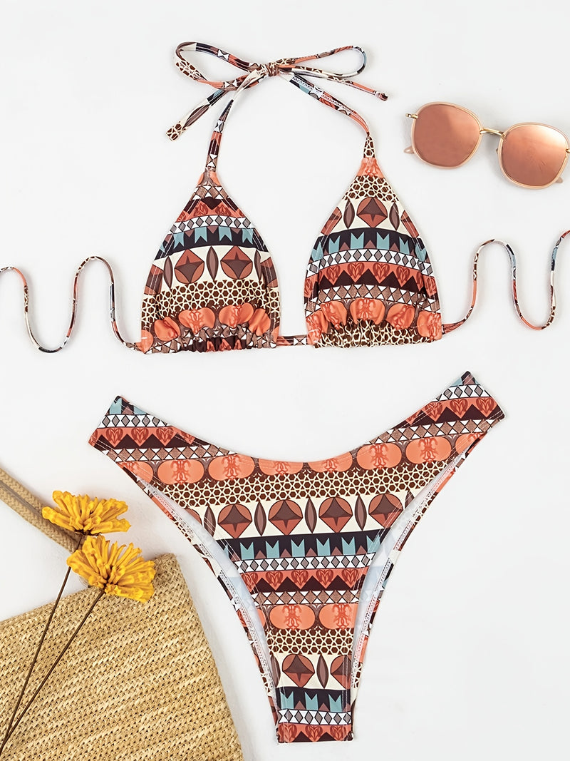 Conjunto de Biquíni Feminino com Estampa Floral - Alta Elasticidade, Top Halter com Amarração nas Costas & Calcinhas de Corte Alto, Lavável à Máquina