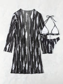 Robe de Praia Ombro a Ombro Feminino – Estampa Abstrata em Preto e Branco, Manga Longa, Poliéster de Alta Elasticidade, Biquíni Tomara que Caia com Detalhe Cruzado, Perfeito para Férias e Beira da Piscina