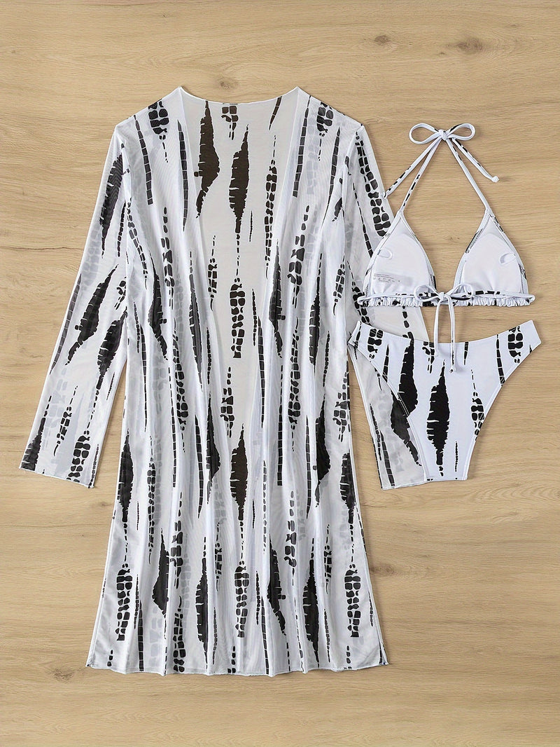 Robe de Praia Ombro a Ombro Feminino – Estampa Abstrata em Preto e Branco, Manga Longa, Poliéster de Alta Elasticidade, Biquíni Tomara que Caia com Detalhe Cruzado, Perfeito para Férias e Beira da Piscina