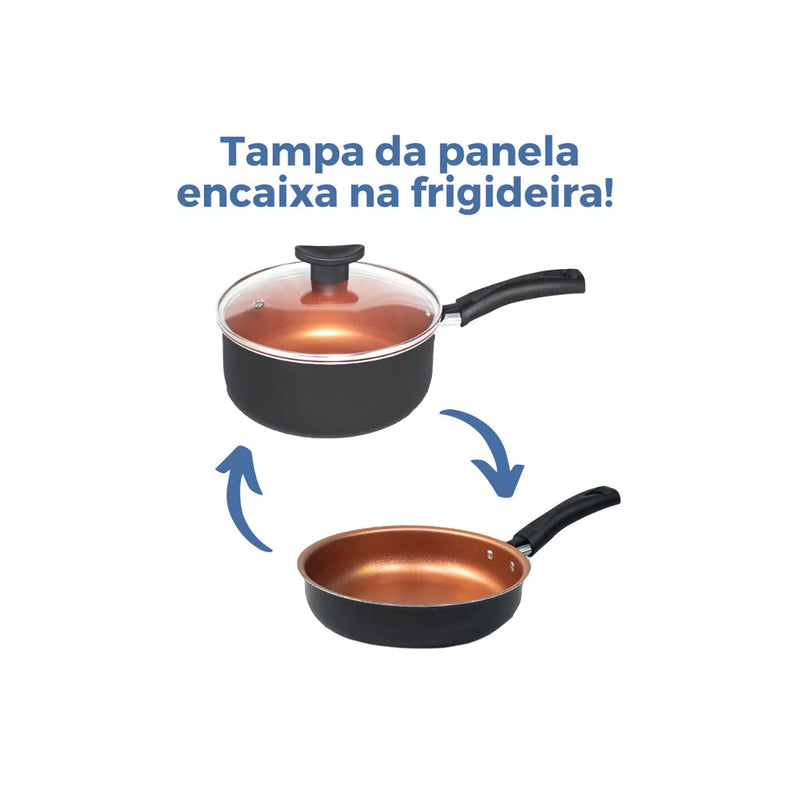 Jogo de Panelas Antiaderente com 10 Peças + Tampa de Vidro | Revestimento em Teflon